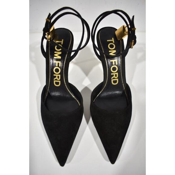 Tom Ford Padlock 85mm Slingback Black Suede Ankle Strap Pointed Toe Heel Pump 37 - Picture 6 of 11